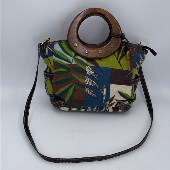 Fossil Handbags - Fossil Flower Canvas, Leather & Wood Top Handle Or Detachable Shoulder Strap